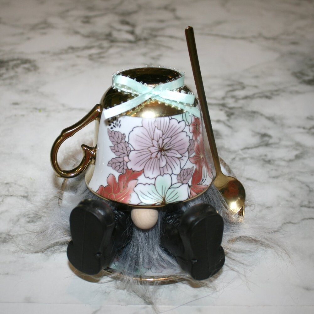 HAND CRAFTED Gnome Tea Cup and Saucer Set Floral Metallic Home Decor Grey